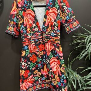 Floral V-Neck Dress - Black and Red